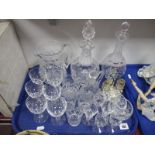Two Decanters, water jug, wines, other glassware:- One Tray