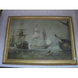 An Oil on Canvas of Galleons on Stormy Sea, unsigned.