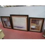 Three Large Modern Abstract Prints, in oak effect frames.