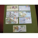 Seven Royal Mint Royal Mail Encapsulated One Pound Coin Commemorative Numismatic First Day Covers,