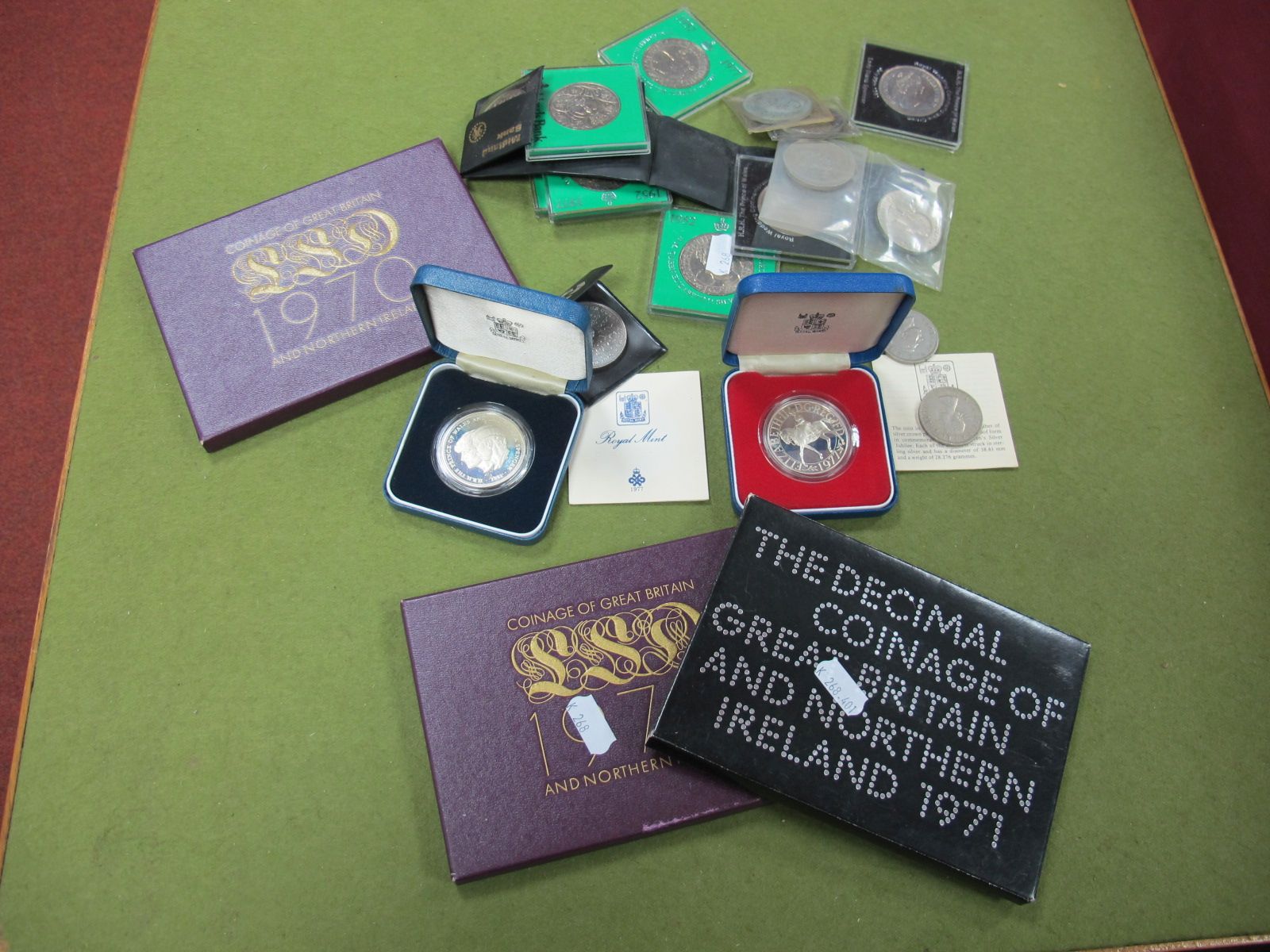 GB Proof Sets: 1970 (two sets) and 1971, cased silver proof crowns dated 1977 and 1981. Further GB