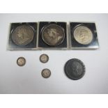 Crowns: 1893 (NF), 1900 (F) and 1937 (NVF), three silver threepences. A low grade cartwheel penny,