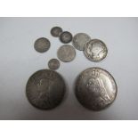 A Crown, 1892, GF. A double florin, 1890, F. A shilling, 1857, F (but dirty). A sixpence, 1891,