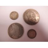 A Halfcrown, 1688, poor, a sixpence, 1887, NVF, an Italian 5 lira, 1870, F, an Indian one quarter