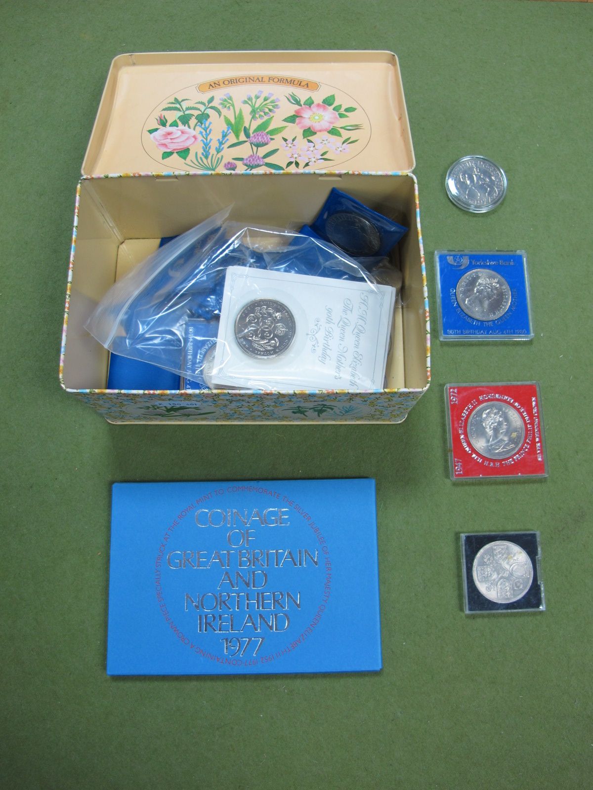 A 1977 Proof Set. Crowns: 1889 (NF) and 1892 (NF). Modern, regularly higher grade, base metal