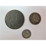 USA Coins. A 3 cents, 1853, NF. A cent, 1800, GF. A cent, 1863, F.