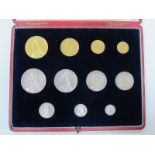 An 1887 Eleven Coin Specimen Set, five pounds to silver threepence. The gold is NVF to GVF, the