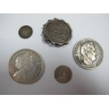 A Sixpence, 1887, VF/GVF. A four pence, 1844, F/GF. A French 5 Francs, 1834, NF/F. A Falkland