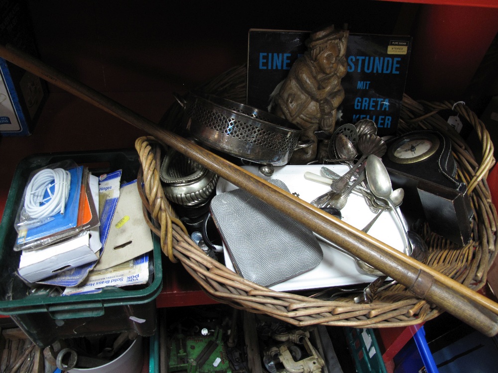 Loose Plated Cutlery, enamel dish and cover, mantel clock, LP's, cameras, binoculars, E. J. Riley