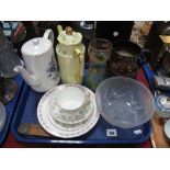 Crown Derby Yellow Floral Coffee Pot, frosted glass bowl, Minton trio, ruler, etc:- One Tray