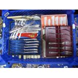 Assorted Plated Cutlery, hallmarked silver handled and other tea knives, etc:- One Box