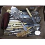 A Mixed Lot of Assorted Plated Cutlery, decorative serving spoon, pickle forks, "Tea Spoons"