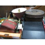 A Sewing Box and Contents, tin box, postcards, hall clothes brush set, table lamp, typewriters,