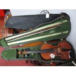 A XIX Century Violin, with two piece back and bow in case, another case.