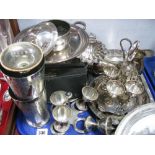 An Electroplated Pedestal Dish, beakers, egg cruet sets, salver, trays, christening set and other