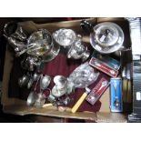 A Plated Three Piece Teaset, assorted cutlery sugar caster, napkin rings, souvenir teaspoons, mini