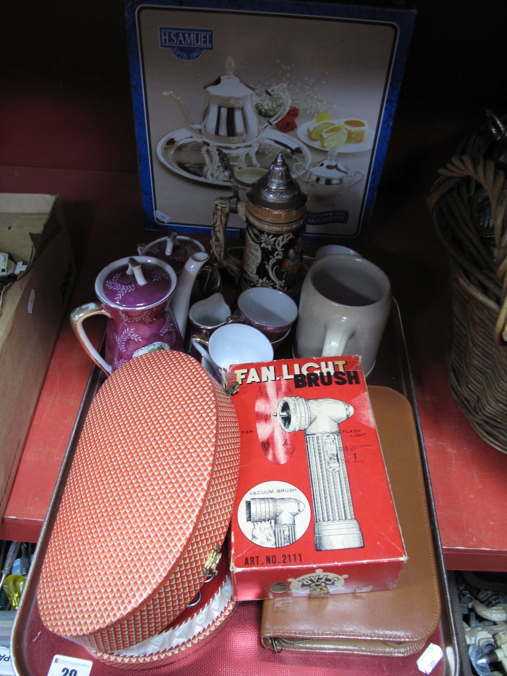 A Ladies Musical Manicure Box, gent's travelling case, Continental tea service, H Samuel plated