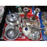 Plated Candlesticks, offering dish, further dishes, muffin dish, cruet, etc:- One Tray