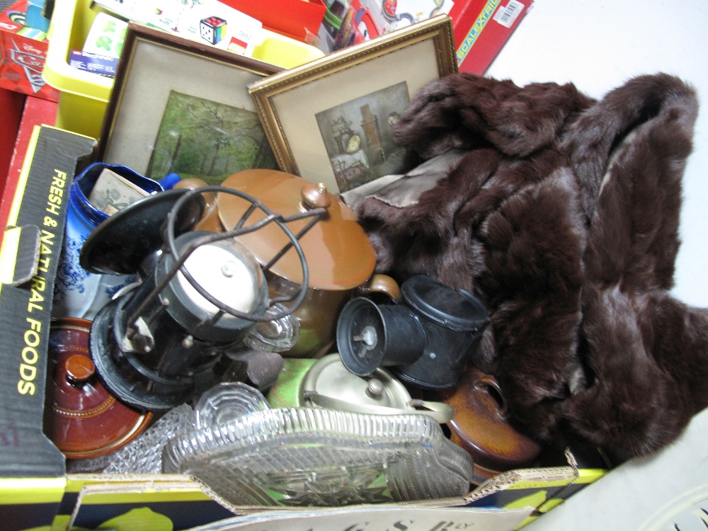 Casserole Dishes, stadium lamp, pictures, glass trinket set, Dysons cape, etc:- One Box