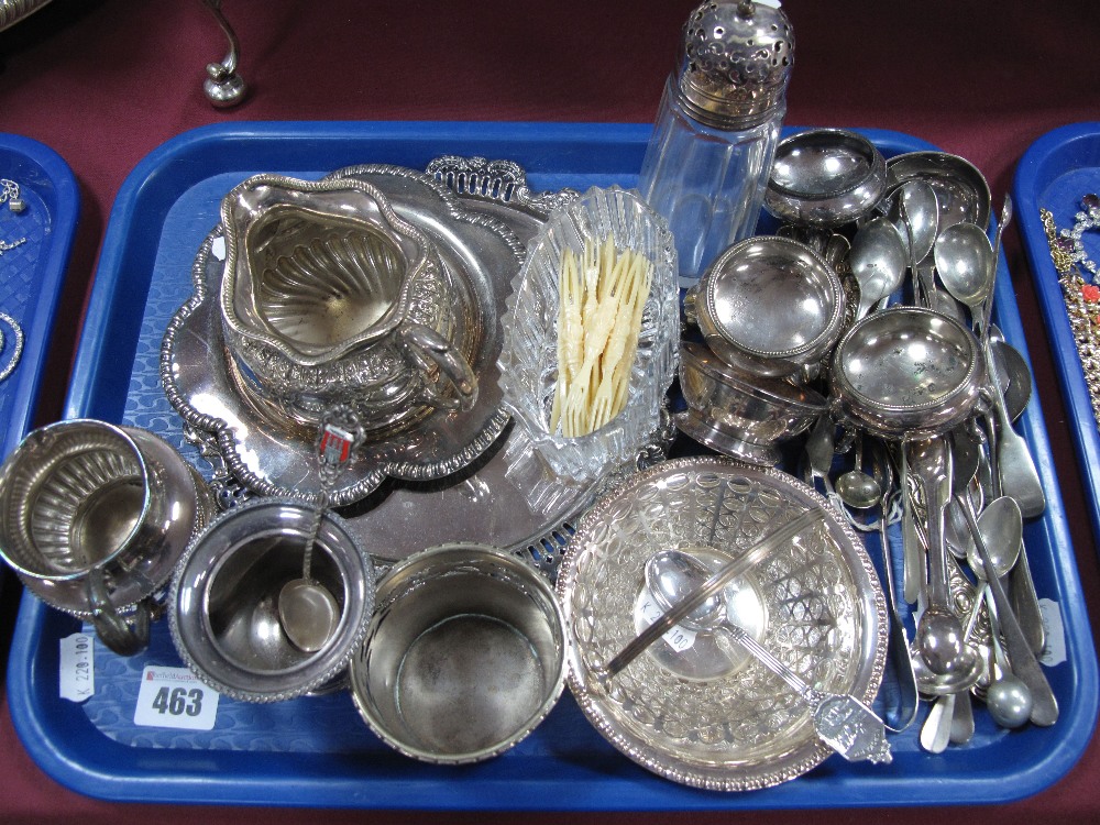 Assorted Plated Ware, including dish, cutlery, sugar sifter, jug, salts, waiter, etc:- One Tray