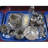 Assorted Plated Ware, including dish, cutlery, sugar sifter, jug, salts, waiter, etc:- One Tray