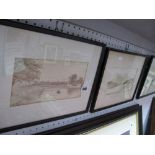 J. J. Morey Three Pen and Ink Drawings, Shipping in Choppy Seas, Rowing on River and Tranquil