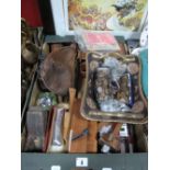 A Leather Flask, pre decimal G.B coinage, moulding plane, marker, spoke shave, Hohner harmonica,