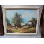 Les Parson Oil on Canvas, two boys by a coastal track, 39 x 49cm, signed lower left.