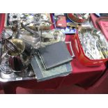 An Electroplated Twin Handled Tray, loose cutlery, candelabrum, match holder/striker, pepperette,