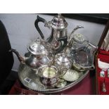 An Oval Plated Galleried Tray, four piece tea service, Gladwin sauce boat, other plated ware.