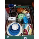 A Moorcroft Pottery Trio, (saucer chip), money boxes, Price cheese dish, other ceramics:- One Box