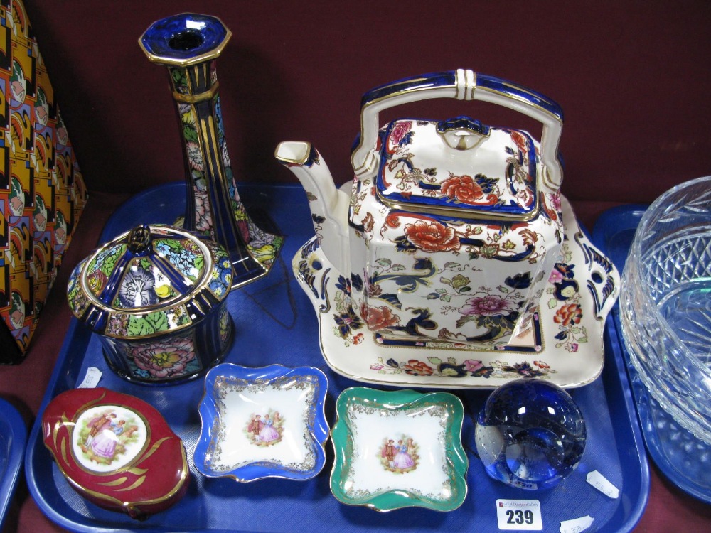 Mason's 'Mandarin' Pattern Teapot and Plate, 'Decoupage' pattern candlestick and oval lidded trinket