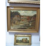 British School Oil on Board, castle scene with figures in foreground, 10.5 x 21cm, 'Pin Mill,