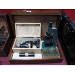 'Sears and Rainbow' Microscopes, glass microscope slides, small three drawer brass telescope, wooden