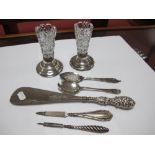 A Matched Pair of Hallmarked Silver Mounted Glass Spill Vases, a hallmarked silver button hook, nail