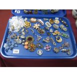 Assorted Costume Brooches; together with vintage and later earrings:- One Tray