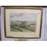 Claude Muncaster, Watercolour, countryside scene with distant hamlet, 26 x 36.5cm, signed lower