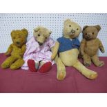 Four Mid XX Century and Later Teddy Bears, 41-51cm, well loved.