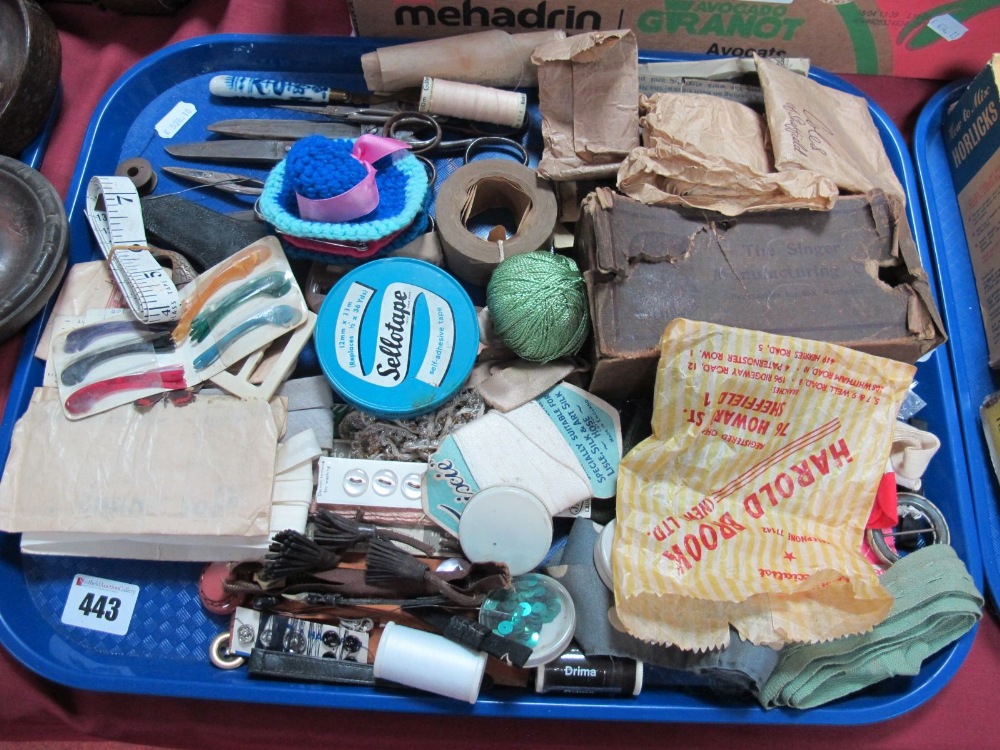 Sewing Collectables, including scissors, cottons, sequins, buttons, machine tools, etc:- One Tray