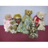 Six Modern Teddy Bear and Rag Dolls, by Huggy Bears, Kim Bearly's, Robin Rive, Keel Toys including