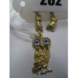 A Pair of Novelty Owl Earrings, indistinctly stamped, on claw set post, a novelty owl pendant,