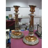 A Pair of Plated Candlesticks, each of tapering form with removable nozzle and acanthus leaf and