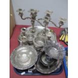 A Plated Candelabra, dwarf candlesticks, posy bowls, decorative dishes, etc:- One Tray