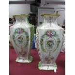 A Pair of Noritake Pottery Hand Painted Floral Vases, with pale green sides and gilt highlights,