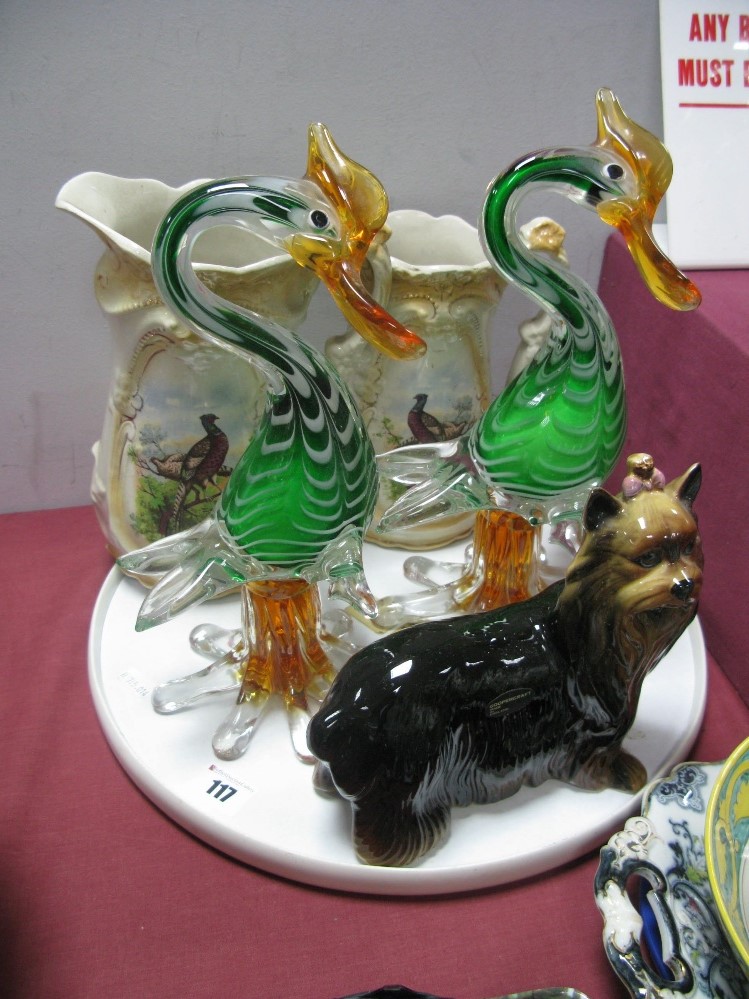 A Pair of Murano Style Glass Ducks, two pheasant jugs, Coopercraft Yorkshire Terrier:- One Tray