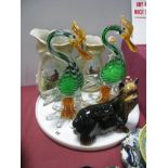 A Pair of Murano Style Glass Ducks, two pheasant jugs, Coopercraft Yorkshire Terrier:- One Tray