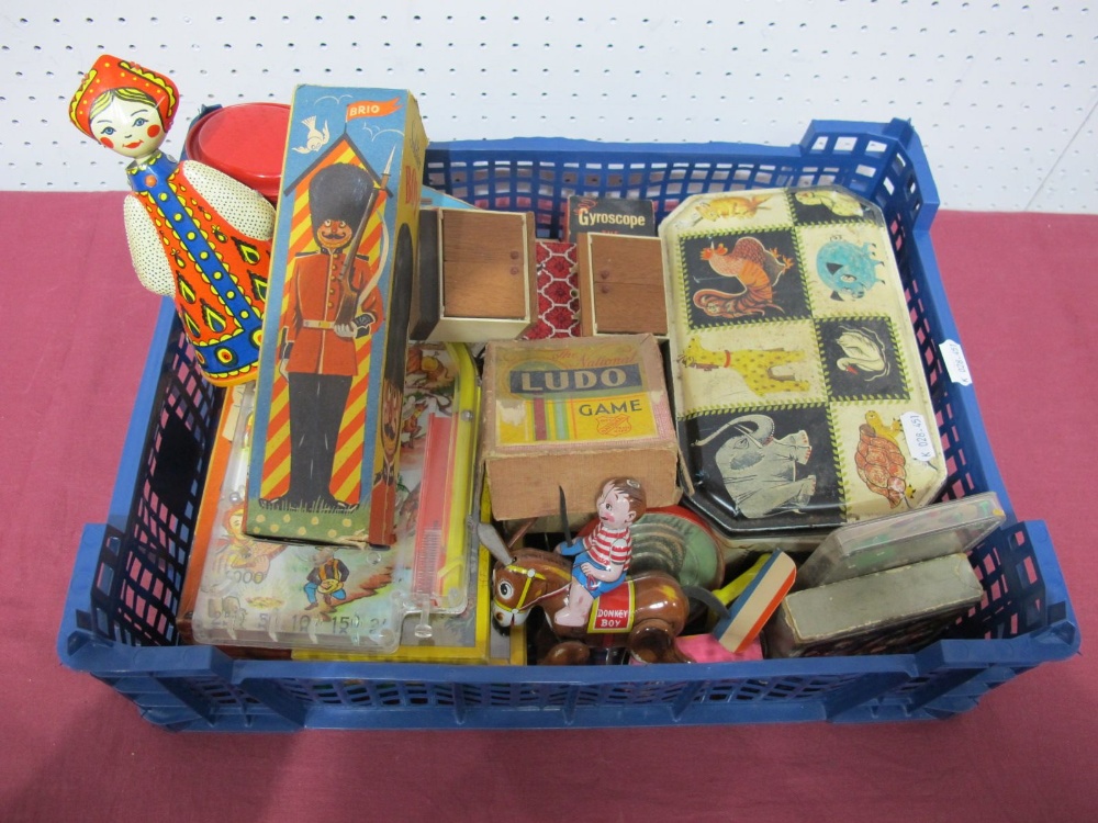 A Quantity of Mid XX Century Tin Plate and Nursery Toys, including Brio (Sweden) wooden soldier