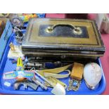 A Cash Box, carved shell, Japanese tin plate circus, plane, whistles, etc:- One Tray