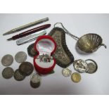 A Hallmarked Silver Triangular Shaped Pin dish, tea Strainer, two blade folding knife with mother of