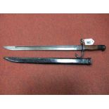 A Military Bayonet, with arrow through 'M' stamp, and sheath, 52.5cm overall length.